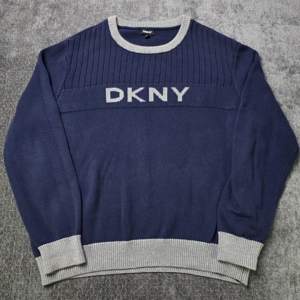 DKNY Logo Crew Neck Sweater Mens 2XL XXL Navy Blue Ringer Trim Spellout